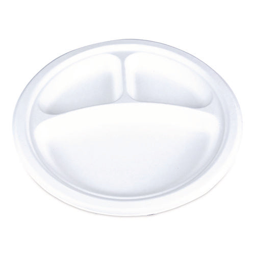 Image of SCT® ChampWare Molded Fiber Tableware, 3-Compartment Plate, 10" dia, White, 125/Sleeve, 4 Sleeves/Carton