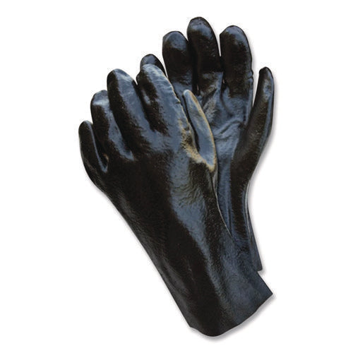 Image of MCR Safety Single Dipped PVC Gloves, Rough, Interlock Lined, 12" Long, Large, Black, 12 Pair