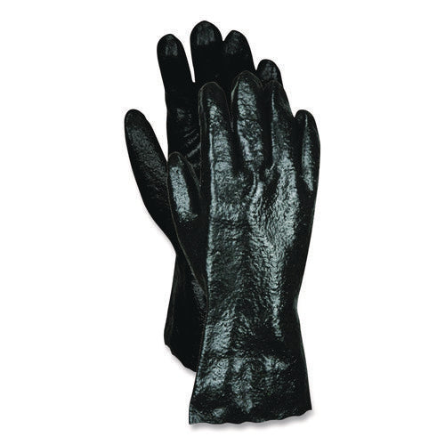 Image of MCR Safety Single Dipped PVC Gloves, Rough, Interlock Lined, 12" Long, Large, Black, 12 Pair