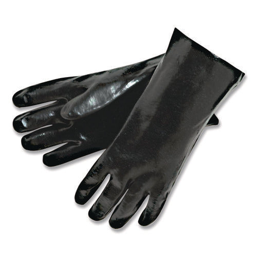 Image of MCR Safety Single Dipped PVC Gloves, Rough, Interlock Lined, 12" Long, Large, Black, 12 Pair