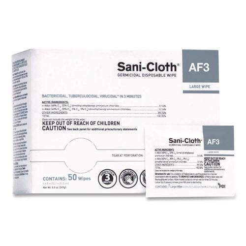 Image of Sani Professional® Sani-Cloth AF3 Germicidal Disposable Wipes, Large, 1-Ply, 8" x 5", Unscented, White, 50/Pack, 10 Packs/Carton