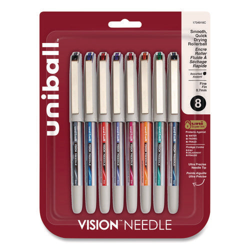 Image of uniball® VISION Needle Rollerball Pen, Stick, Fine 0.7 mm, Assorted Ink and Barrel Colors, 8/Pack