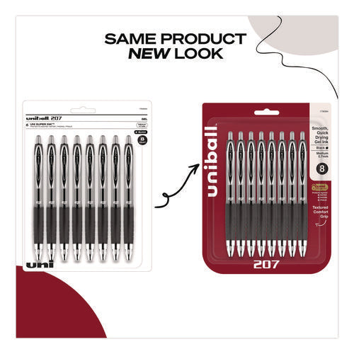 Image of uniball® Signo 207 Gel Pen, Retractable, Medium 0.7 mm, Black Ink, Clear/Black Barrel, 8/Pack