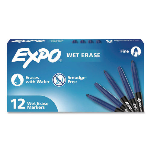 Image of EXPO® Wet Erase Markers, Fine Needle Tip, Blue, 12/Pack