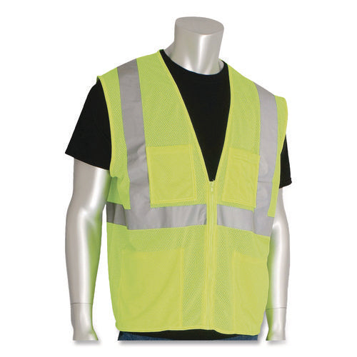 Image of PIP ANSI Class 2 Four Pocket Zipper Safety Vest, Polyester Mesh, Large, Hi-Viz Lime Yellow