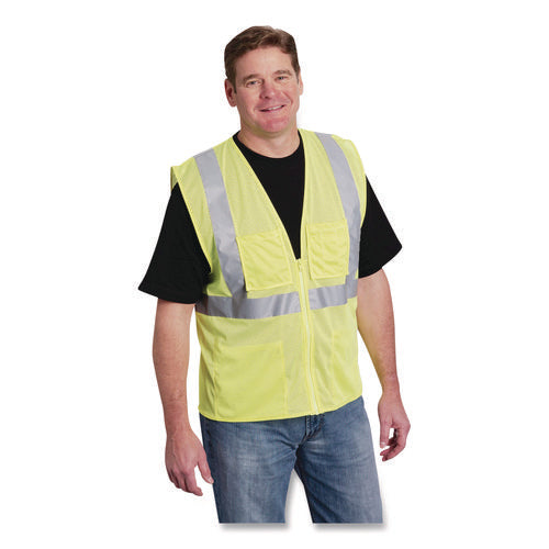 Image of PIP ANSI Class 2 Four Pocket Zipper Safety Vest, Polyester Mesh, Large, Hi-Viz Lime Yellow