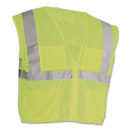 Image of PIP ANSI Class 2 Four Pocket Zipper Safety Vest, Polyester Mesh, Large, Hi-Viz Lime Yellow