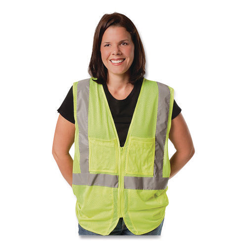 Image of PIP ANSI Class 2 Two-Pocket Zipper Mesh Safety Vest, 2X-Large, Hi-Viz Lime Yellow