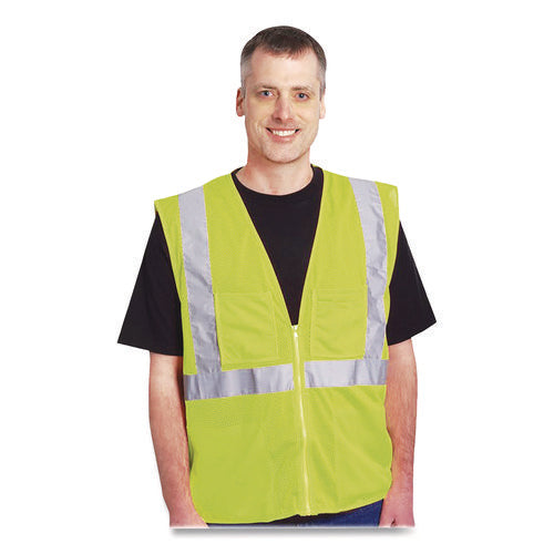 Image of PIP ANSI Class 2 Two-Pocket Zipper Mesh Safety Vest, 2X-Large, Hi-Viz Lime Yellow