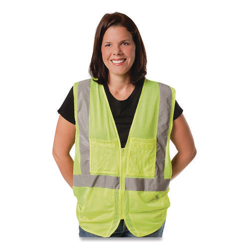 Image of PIP ANSI Class 2 Two-Pocket Zipper Mesh Safety Vest, X-Large, Hi-Viz Lime Yellow