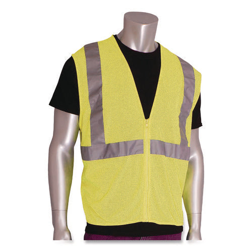 Image of PIP ANSI Class 2 Two-Pocket Zipper Mesh Safety Vest, X-Large, Hi-Viz Lime Yellow