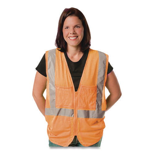 Image of PIP ANSI Class 2 Two-Pocket Zipper Mesh Safety Vest, Polyester Mesh, Large, Orange