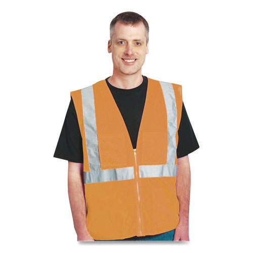 Image of PIP ANSI Class 2 Two-Pocket Zipper Mesh Safety Vest, Polyester Mesh, Large, Orange