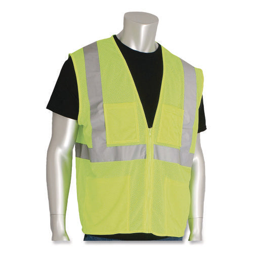 Image of PIP ANSI Class 2 Four Pocket Zipper Safety Vest, Polyester Mesh, X-Large, Hi-Viz Lime Yellow