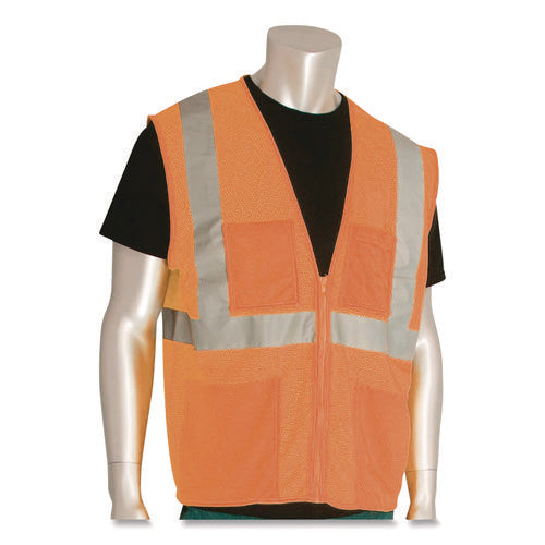 Image of PIP ANSI Class 2 Four Pocket Zipper Safety Vest, Polyester Mesh, Large, Hi-Viz Orange