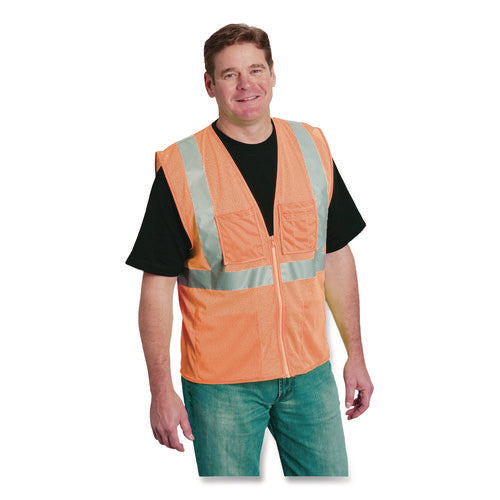 Image of PIP ANSI Class 2 Four Pocket Zipper Safety Vest, Polyester Mesh, Large, Hi-Viz Orange