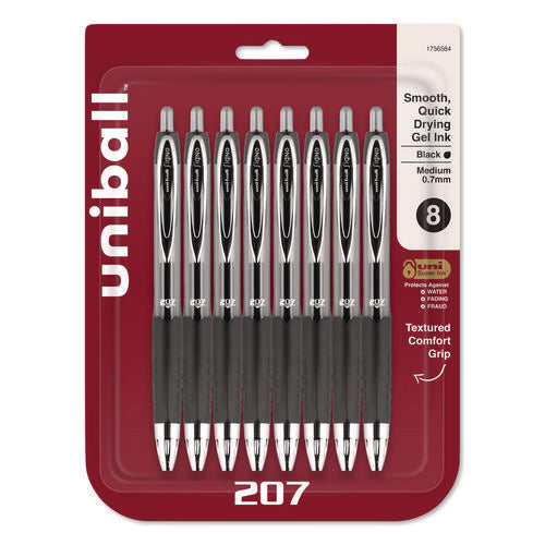 Image of uniball® Signo 207 Gel Pen, Retractable, Medium 0.7 mm, Black Ink, Clear/Black Barrel, 8/Pack