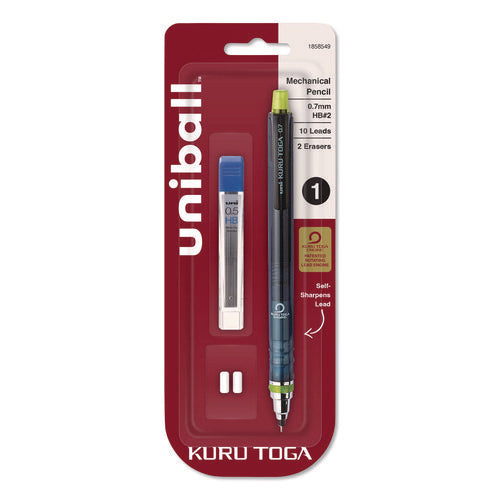 Image of uniball® KuruToga Mechanical Pencil with Tube of Diamond Lead, 0.7 mm, HB (#2), Black Lead, Black/Green Barrel