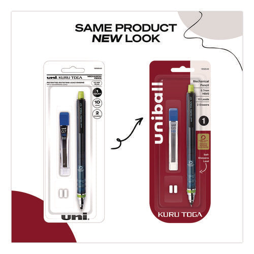 Image of uniball® KuruToga Mechanical Pencil with Tube of Diamond Lead, 0.7 mm, HB (#2), Black Lead, Black/Green Barrel