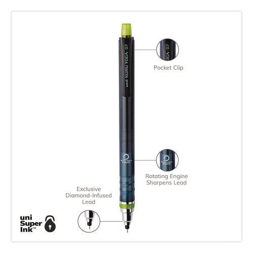 Image of uniball® KuruToga Mechanical Pencil with Tube of Diamond Lead, 0.7 mm, HB (#2), Black Lead, Black/Green Barrel