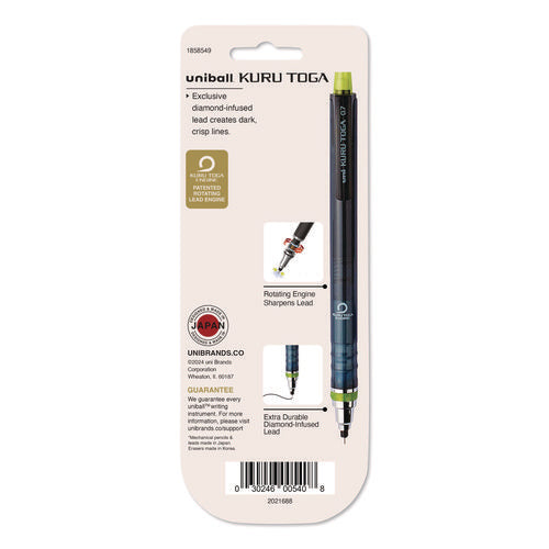 Image of uniball® KuruToga Mechanical Pencil with Tube of Diamond Lead, 0.7 mm, HB (#2), Black Lead, Black/Green Barrel