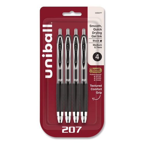 Image of uniball® Signo 207 Gel Pen, Retractable, Medium 0.7 mm, Black Ink, Smoke/Black Barrel, 4/Pack