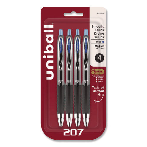 Image of uniball® Signo 207 Gel Pen, Retractable, Medium 0.7 mm, Blue Ink, Smoke/Black/Blue Barrel, 4/Pack