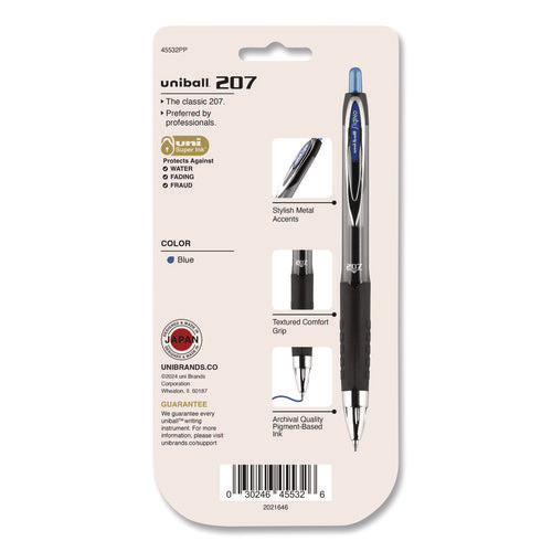 Image of uniball® Signo 207 Gel Pen, Retractable, Medium 0.7 mm, Blue Ink, Smoke/Black/Blue Barrel, 4/Pack