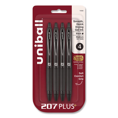 Image of uniball® 207 Plus+ Gel Pen, Retractable, Medium 0.7 mm, Black Ink, Black Barrel, 4/Pack