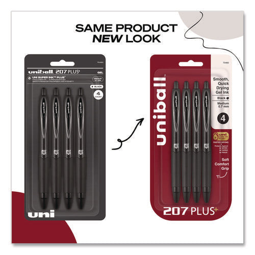 Image of uniball® 207 Plus+ Gel Pen, Retractable, Medium 0.7 mm, Black Ink, Black Barrel, 4/Pack
