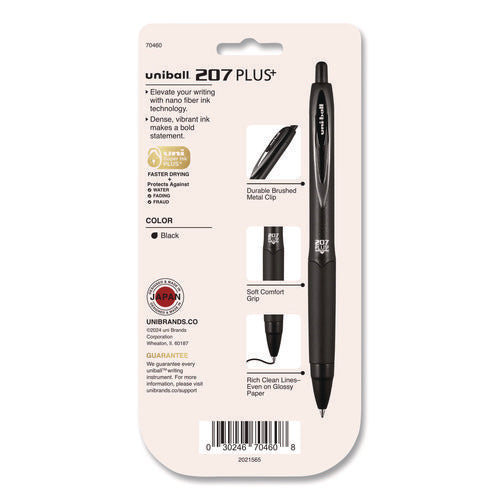 Image of uniball® 207 Plus+ Gel Pen, Retractable, Medium 0.7 mm, Black Ink, Black Barrel, 4/Pack
