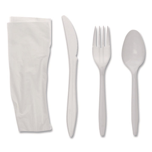 Image of Pactiv Evergreen Fieldware Cutlery Kit, Individually Wrapped, Mediumweight, Fork/Knife/Napkin/Spoon, Plastic, White, 250/Carton