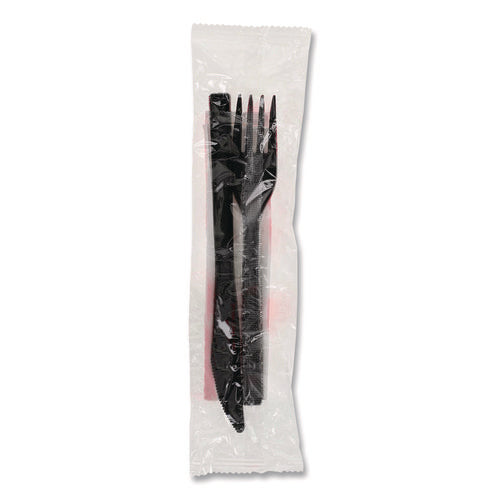 Image of Pactiv Evergreen Gardenware Cutlery Kit, Individually Wrapped, Heavyweight, Fork/Knife/Napkin, Plastic, Black, 500/Carton