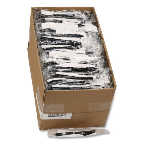 Image of Pactiv Evergreen Gardenware Cutlery Kit, Individually Wrapped, Heavyweight, Fork/Knife/Napkin, Plastic, Black, 500/Carton