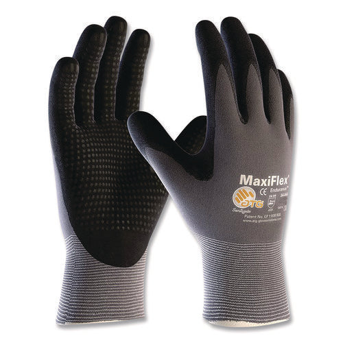 Image of MaxiFlex® Ultimate Seamless Knit Nylon Gloves, Nitrile Coated Microfoam Grip On Palm And Fingers, Large, Gray, 12 Pairs