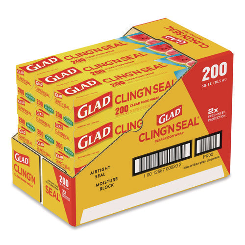 Image of Glad® Cling'N Seal Plastic Food Wrap, 200 sq ft, 12 Rolls/Carton