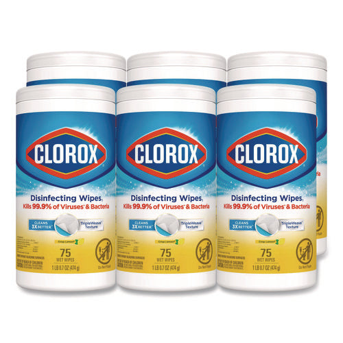 Image of Clorox® Disinfecting Wipes, Bleach Free Cleaning Wipes, 1-Ply, 7 x 7.75, Crisp Lemon, White, 75/Canister, 6 Canisters/Carton