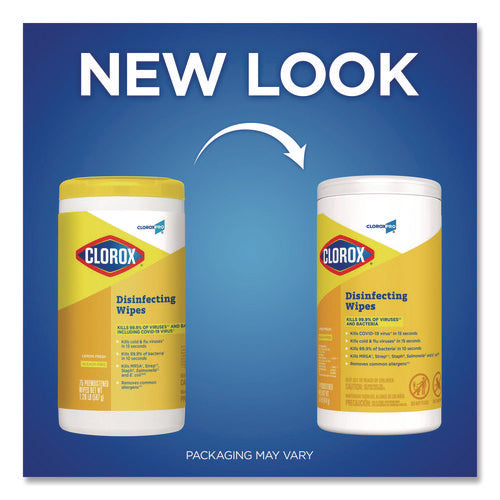Image of Clorox® Disinfecting Wipes, 1-Ply, 7 x 8, Lemon Fresh, White, 75/Canister, 6/Carton