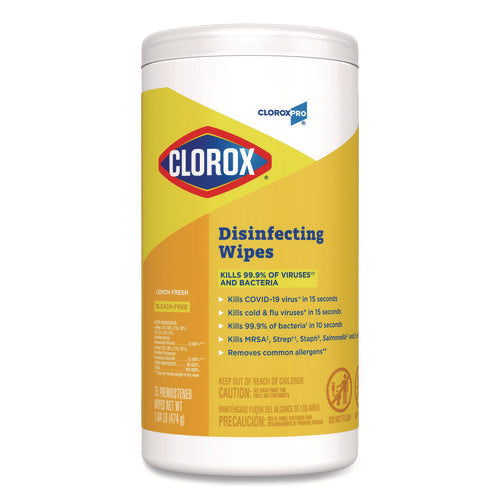 Image of Clorox® Disinfecting Wipes, 1-Ply, 7 x 8, Lemon Fresh, White, 75/Canister, 6/Carton
