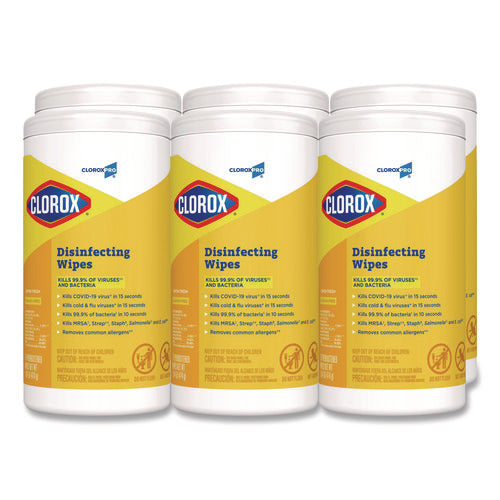 Image of Clorox® Disinfecting Wipes, 1-Ply, 7 x 8, Lemon Fresh, White, 75/Canister, 6/Carton