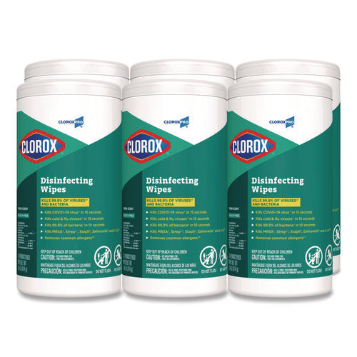 Image of Clorox® Disinfecting Wipes, 1-Ply, Fresh Scent, 7 x 8, White, 75/Canister, 6 Canisters/Carton