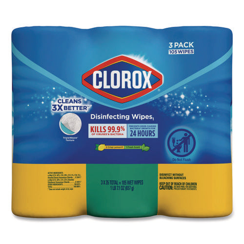 Image of Clorox® Disinfecting Wipes, Cleaning Wipes, 1-Ply, 7 x 8, Fresh Scent/Citrus Blend, 35/Canister, 3/Pack, 5 Packs/Carton