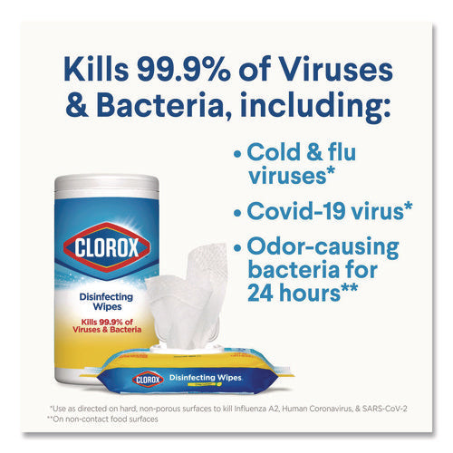 Image of Clorox® Disinfecting Wipes, Cleaning Wipes, 1-Ply, 7 x 8, Fresh Scent/Citrus Blend, 35/Canister, 3/Pack, 5 Packs/Carton