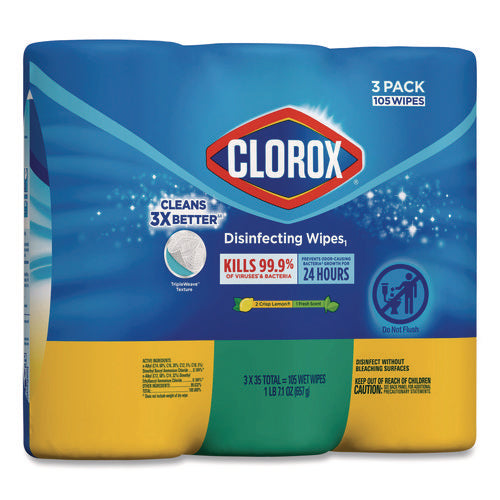 Image of Clorox® Disinfecting Wipes, Cleaning Wipes, 1-Ply, 7 x 8, Fresh Scent/Citrus Blend, 35/Canister, 3/Pack, 5 Packs/Carton
