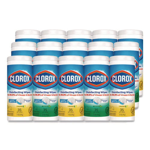 Image of Clorox® Disinfecting Wipes, Cleaning Wipes, 1-Ply, 7 x 8, Fresh Scent/Citrus Blend, 35/Canister, 3/Pack, 5 Packs/Carton