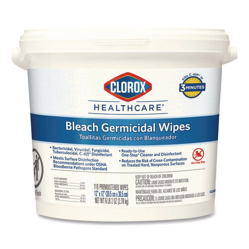 Image of Clorox Healthcare® Bleach Germicidal Wipes, 1-Ply, 12 x 12, Unscented, White, 110/Bucket
