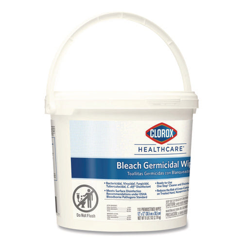 Image of Clorox Healthcare® Bleach Germicidal Wipes, 1-Ply, 12 x 12, Unscented, White, 110/Bucket, 2 Buckets/Carton