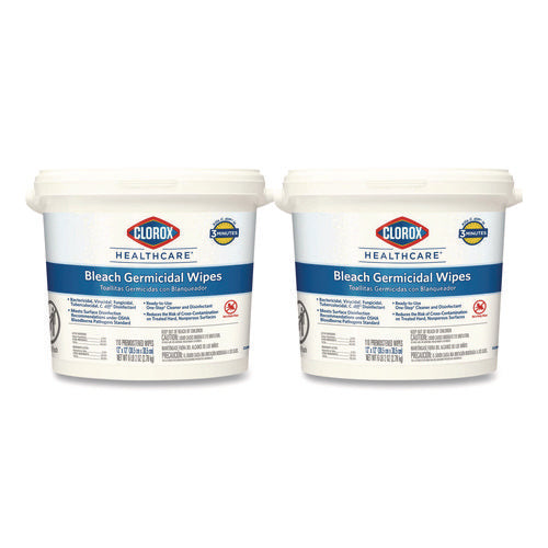 Image of Clorox Healthcare® Bleach Germicidal Wipes, 1-Ply, 12 x 12, Unscented, White, 110/Bucket, 2 Buckets/Carton