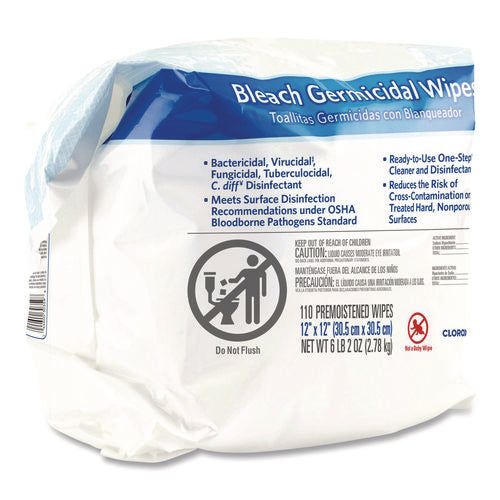 Image of Clorox Healthcare® Bleach Germicidal Wipes, Refill for Bucket, 1-Ply, 12 x 12, Unscented, White, 110/Pouch