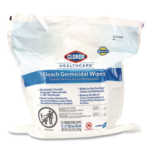 Image of Clorox Healthcare® Bleach Germicidal Wipes, Refill for Bucket, 1-Ply, 12 x 12, Unscented, White, 110/Pouch